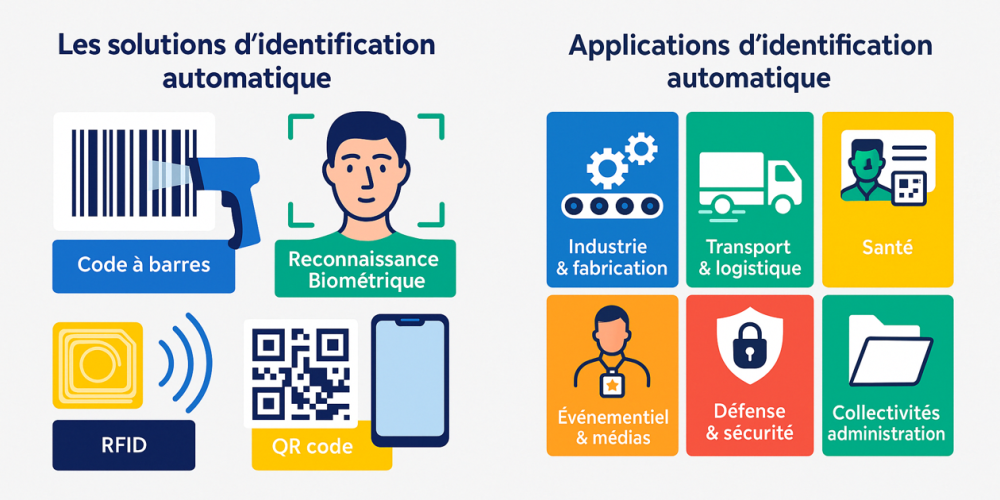 Schéma des technologies et applications de l’identification automatique : code à barres, RFID, biométrie et secteurs professionnels comme la santé, la logistique ou l’industrie
